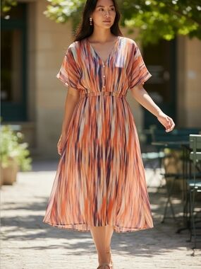 Molly Bracken Multicolor Orange and Blue V-Neck Midi Dress